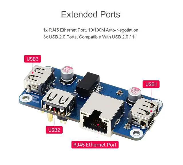 Alt view image 5 of 7 - Ethernet/USB HUB HAT for Raspberry Pi 4 B/3 B+/3A+/2B/Zero/Zero W/Zero WH, with 1x RJ45 10/100M Ethernet Port, 3X USB 2.0 Ports Compatible with USB 2.0/1.1