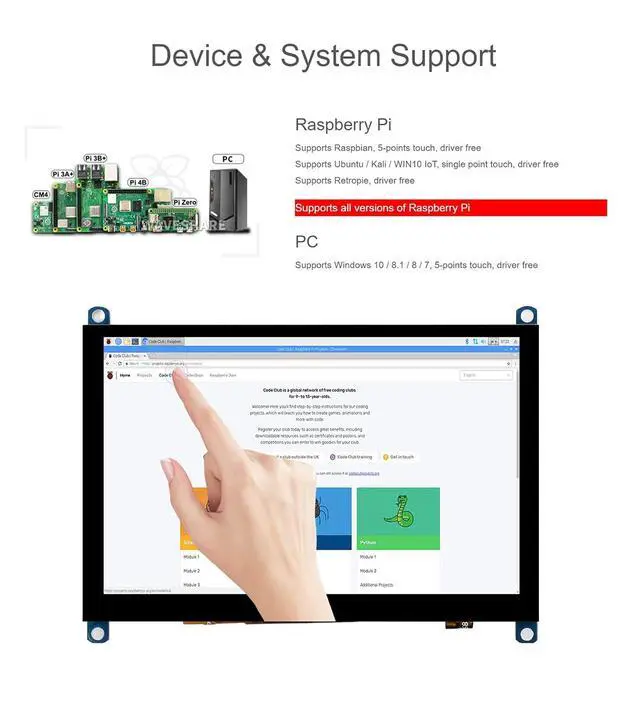 Alt view image 4 of 7 - 5 Inch HDMI LCD Screen 800x480 TFT Capacitive Touch Screen Display Monitor for Raspberry Pi 4B/3B+/A+/B/2B/B+/A+/Zero W Compatible with Windows 10/8.1/8/7