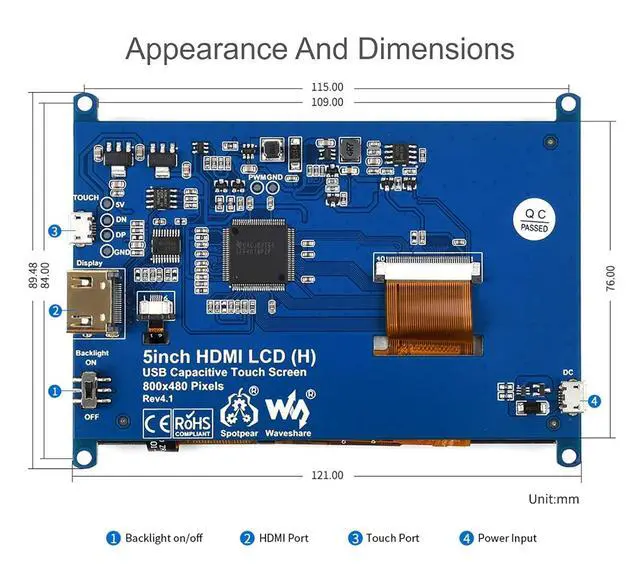 Alt view image 7 of 7 - 5 Inch HDMI LCD Screen 800x480 TFT Capacitive Touch Screen Display Monitor for Raspberry Pi 4B/3B+/A+/B/2B/B+/A+/Zero W Compatible with Windows 10/8.1/8/7