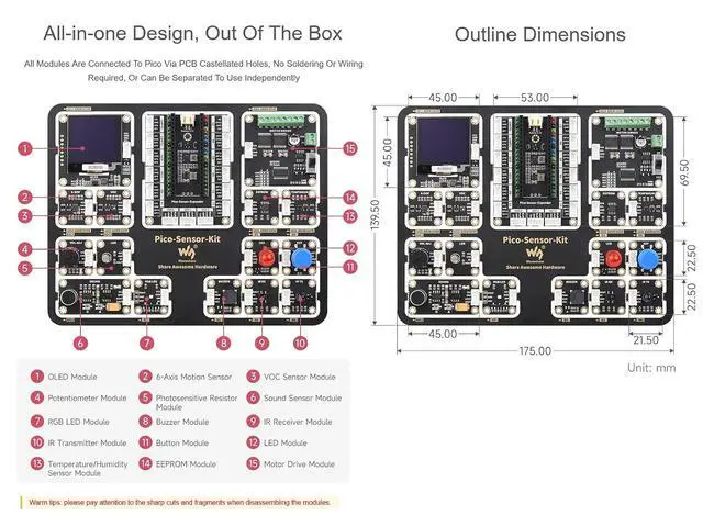 Alt view image 5 of 7 - Sensor Kit for Raspberry Pi Pico W, Including Pico Expansion Board, and LED, Button, Buzzer, etc. 15 Common Modules, All-in-one Design, with Raspberry Pi Pico W