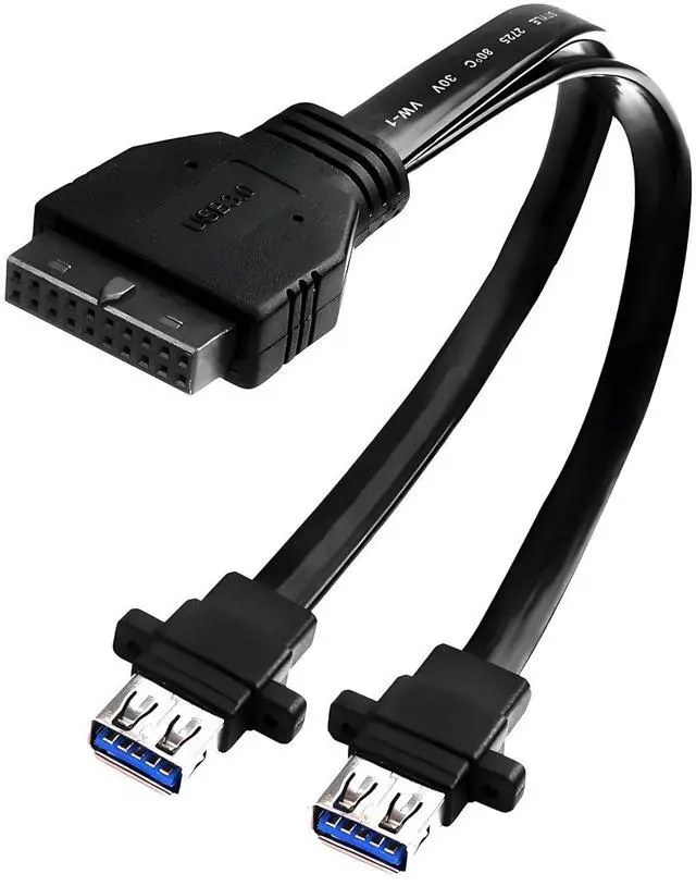 Main image of PC Motherboard 20-Pin to 2PCS Front Panel Mounted USB 3.0 Type-A (with Mounting Screw Holes) Female Flat Extension Cable 12.5in/32cm