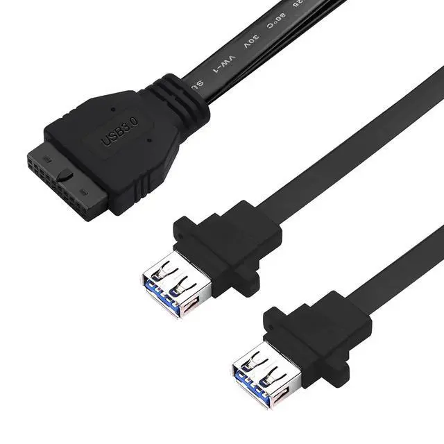 Alt view image 2 of 7 - PC Motherboard 20-Pin to 2PCS Front Panel Mounted USB 3.0 Type-A (with Mounting Screw Holes) Female Flat Extension Cable 12.5in/32cm