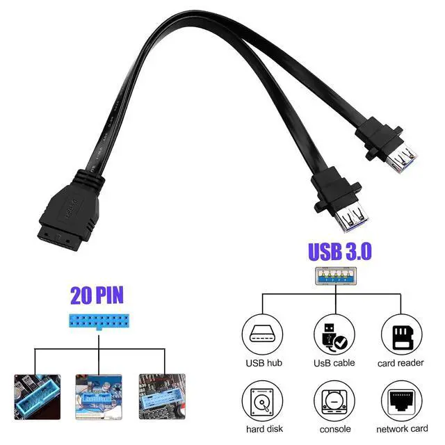 Alt view image 3 of 7 - PC Motherboard 20-Pin to 2PCS Front Panel Mounted USB 3.0 Type-A (with Mounting Screw Holes) Female Flat Extension Cable 12.5in/32cm