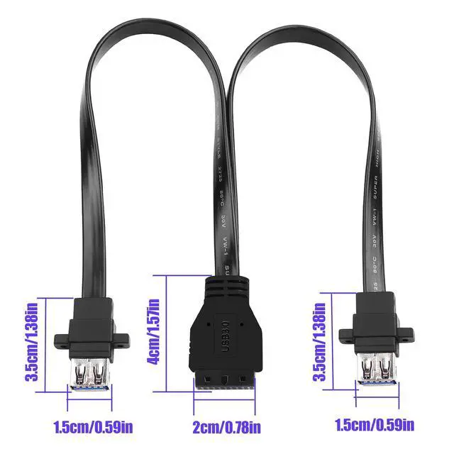 Alt view image 6 of 7 - PC Motherboard 20-Pin to 2PCS Front Panel Mounted USB 3.0 Type-A (with Mounting Screw Holes) Female Flat Extension Cable 12.5in/32cm