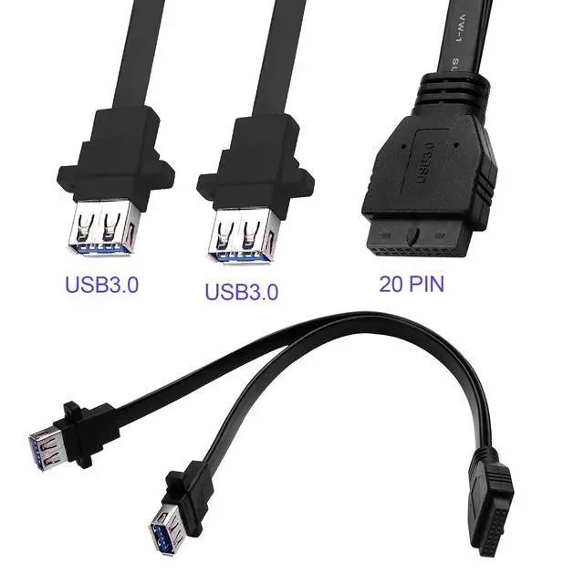 Alt view image 5 of 7 - PC Motherboard 20-Pin to 2PCS Front Panel Mounted USB 3.0 Type-A (with Mounting Screw Holes) Female Flat Extension Cable 12.5in/32cm