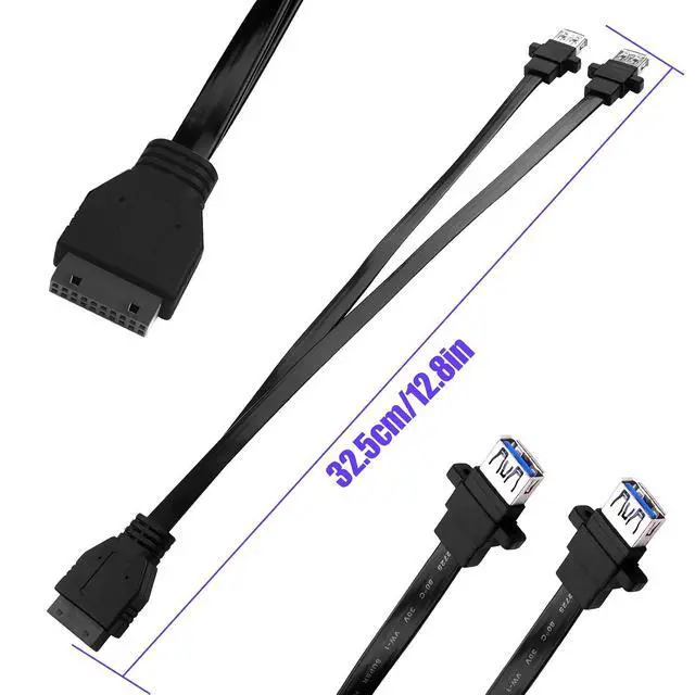 Alt view image 7 of 7 - PC Motherboard 20-Pin to 2PCS Front Panel Mounted USB 3.0 Type-A (with Mounting Screw Holes) Female Flat Extension Cable 12.5in/32cm