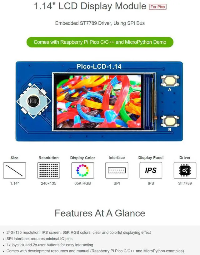 Alt view image 3 of 7 - 1.14inch LCD Display Module for Raspberry Pi Pico, 65K RGB Colors 240×135 Pixels IPS Screen SPI Interface