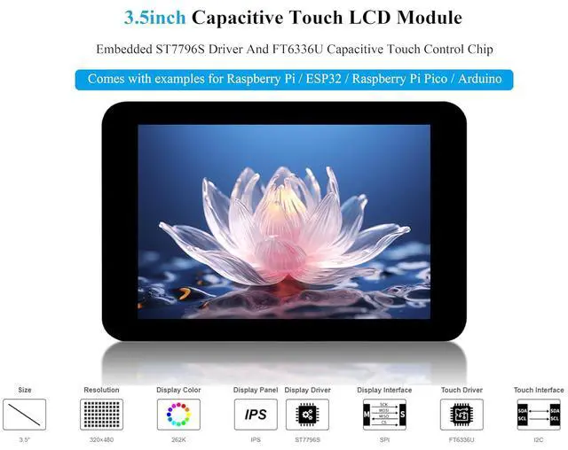 Alt view image 2 of 7 - 3.5inch Capacitive Touch Screen Compatible with Raspberry Pi 5/4B/3B+/Zero/Zero W/Zero 2W/Pico/Pico W/Pico 2/Pico 2 W/ ESP32 /Ar-duino, IPS Display 320x480 Resolution, SPI and I2C Control Interfaces