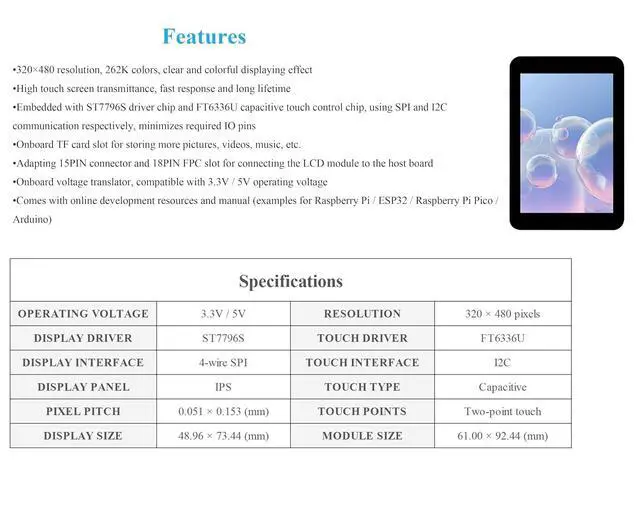 Alt view image 3 of 7 - 3.5inch Capacitive Touch Screen Compatible with Raspberry Pi 5/4B/3B+/Zero/Zero W/Zero 2W/Pico/Pico W/Pico 2/Pico 2 W/ ESP32 /Ar-duino, IPS Display 320x480 Resolution, SPI and I2C Control Interfaces