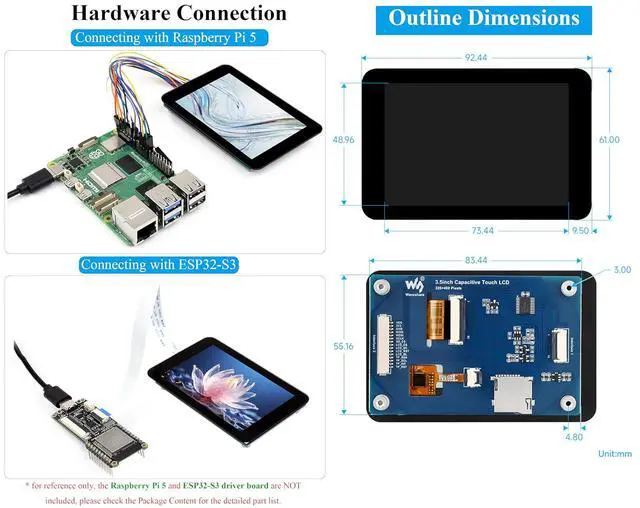 Alt view image 6 of 7 - 3.5inch Capacitive Touch Screen Compatible with Raspberry Pi 5/4B/3B+/Zero/Zero W/Zero 2W/Pico/Pico W/Pico 2/Pico 2 W/ ESP32 /Ar-duino, IPS Display 320x480 Resolution, SPI and I2C Control Interfaces