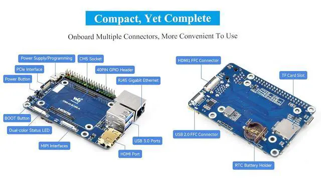 Alt view image 4 of 7 - Mini Base Board Compatible with Raspberry Pi Compute Module 5 Lite/eMMC Series, CM5 Base Board with Color-Coded 40PIN GPIO Header/PCIe/MIPI/HDMI/USB 3.2/USB 2.0 FFC/Gigabit Ethernet Interface,etc.