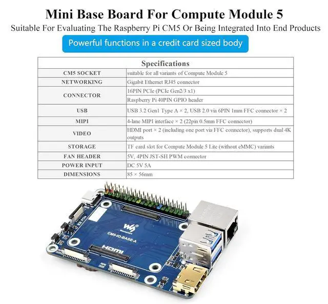 Alt view image 2 of 7 - Mini Base Board Compatible with Raspberry Pi Compute Module 5 Lite/eMMC Series, CM5 Base Board with Color-Coded 40PIN GPIO Header/PCIe/MIPI/HDMI/USB 3.2/USB 2.0 FFC/Gigabit Ethernet Interface,etc.