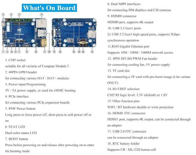 Alt view image 6 of 7 - Mini Base Board Compatible with Raspberry Pi Compute Module 5 Lite/eMMC Series, CM5 Base Board with Color-Coded 40PIN GPIO Header/PCIe/MIPI/HDMI/USB 3.2/USB 2.0 FFC/Gigabit Ethernet Interface,etc.