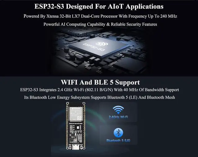 Alt view image 4 of 7 - ESP32-S3 Development Board N16R8 16MBFlash + 8MB PSRAM, 2.4GHz Wi-Fi and Bluetooth 5, 240MHz Dual Core Processor, ESP32-S3-WROOM Module, for AIoT Projects