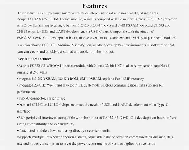 Alt view image 3 of 7 - ESP32-S3 Development Board N16R8 16MBFlash + 8MB PSRAM, 2.4GHz Wi-Fi and Bluetooth 5, 240MHz Dual Core Processor, ESP32-S3-WROOM Module, for AIoT Projects