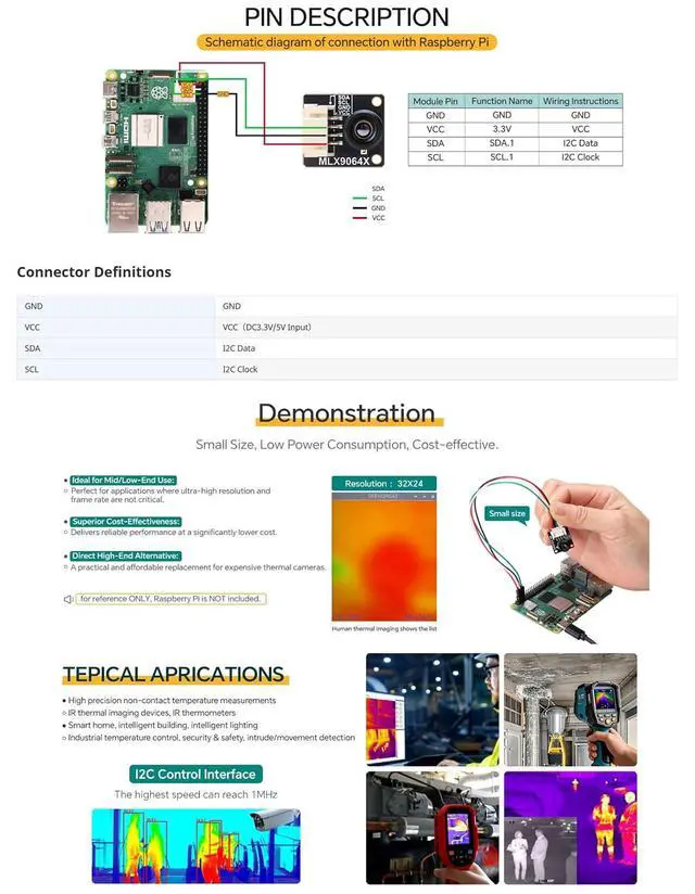 Alt view image 7 of 7 - Infrared Thermal Camera MLX90642-D45 Module, 32x24 Thermal Sensor Array, I2C Up to 1MHz, 3.3V/5V Logic Compatible, Low Power Thermal Imaging Board for Compatible with Raspberry Pi & MCUs