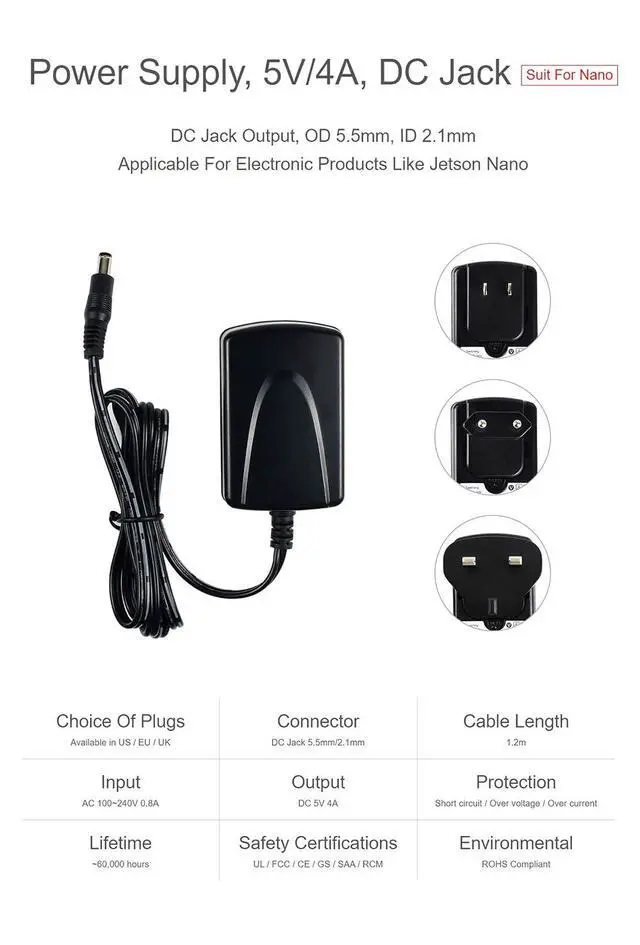Alt view image 4 of 5 - Power Supply for Jetson Nano,100-240V 0.8A AC to DC 5V 4A Power Adapter Converter for Jetson Nano, DC Jack Output OD 5.5mm ID 2.1mm