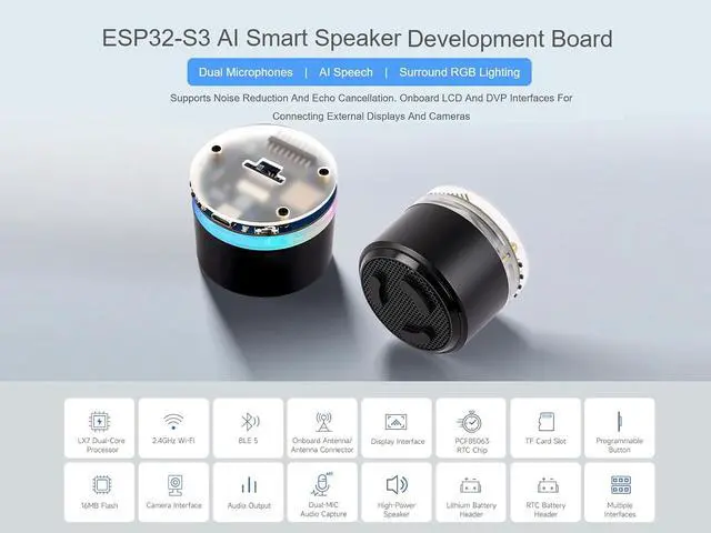 Alt view image 2 of 7 - ESP32-S3 AI Smart Speaker Development Board, Supports Dual-MIC Audio Capture, AI Speech Interaction, Surround RGB Lighting, External LCD Displays and Cameras, 2.4GHz Wi-Fi & BlE 5, etc.