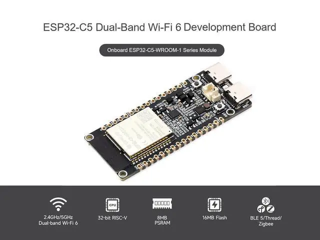 Alt view image 2 of 7 - ESP32-C5 5GHz/2.4GHz Dual-Band Wi-Fi 6 Dev Board, Based on ESP32-C5-WROOM-1 Module, 240MHz RISC-V Processor, Supports BLE 5 / Thread/Zigbee Wireless Communications, 16MB Flash, 8MB PSRAM