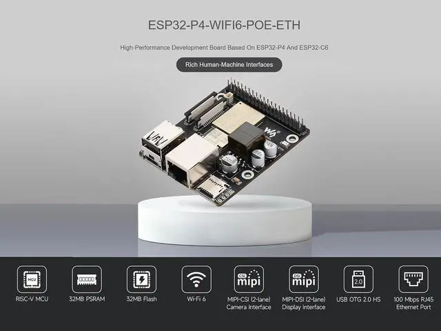 Alt view image 2 of 7 - ESP32-P4-WIFI6-POE-ETH Development Board Kit Based on ESP32-P4 and ESP32-C6, Integrated PoE Module, Supports Wi-Fi 6 and Bluetooth 5, with MIPI-CSI/DSI, USB OTG 2.0, Ethernet Port, etc.