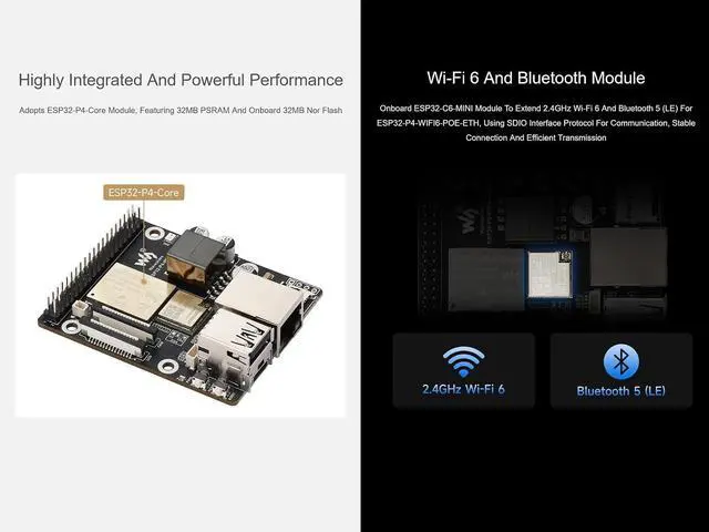 Alt view image 3 of 7 - ESP32-P4-WIFI6-POE-ETH Development Board Kit Based on ESP32-P4 and ESP32-C6, Integrated PoE Module, Supports Wi-Fi 6 and Bluetooth 5, with MIPI-CSI/DSI, USB OTG 2.0, Ethernet Port, etc.