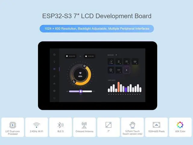 Alt view image 2 of 7 - ESP32-S3 7inch Touch LCD Development Board, 1024×600 65K Color IPS Display, 32-bit LX7 Dual-core Processor, up to 240MHz Frequency, Support 2.4GHz Wi-Fi and BLE 5, Backlight Adjustable
