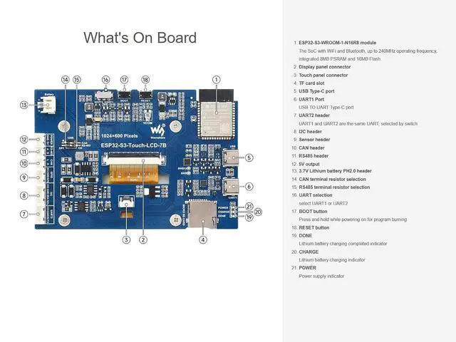 Alt view image 6 of 7 - ESP32-S3 7inch Touch LCD Development Board, 1024×600 65K Color IPS Display, 32-bit LX7 Dual-core Processor, up to 240MHz Frequency, Support 2.4GHz Wi-Fi and BLE 5, Backlight Adjustable