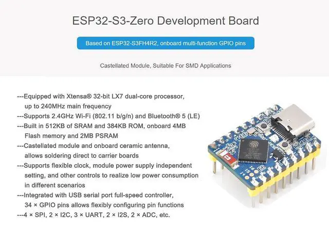 Alt view image 2 of 7 - ESP32-S3 Mini Development Board with Pre-soldered Header, Based on ESP32-S3FH4R2 Dual-Core Processor, 240MHz Running Frequency, Support 2.4GHz Wi-Fi (802.11 b/g/n) & Bluetooth 5