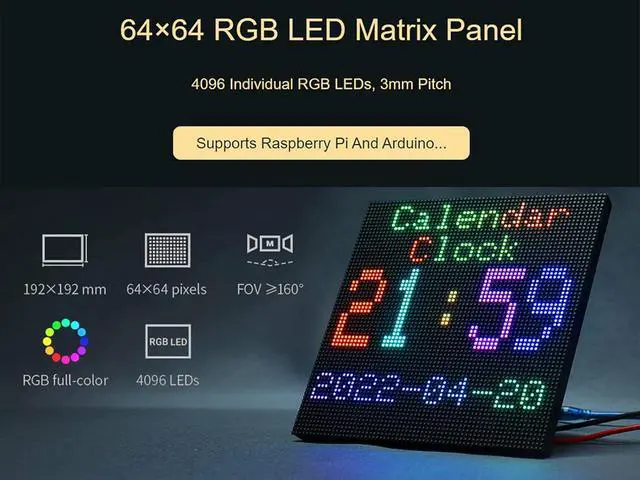 Alt view image 3 of 7 - RGB Full-Color LED Matrix Panel 3mm Pitch 64×64 Pixels 4096 Individual RGB LEDs Adjustable Brightness Compatible with Raspberry Pi