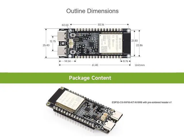Alt view image 7 of 7 - ESP32-C5 5GHz/2.4GHz Dual-Band Wi-Fi 6 Dev Board, Based on ESP32-C5-WROOM-1 Module, 240MHz RISC-V Processor, Integrates BLE 5/Zigbee/Thread Protocols, 16MB Flash, 8MB PSRAM (with Pinheader)
