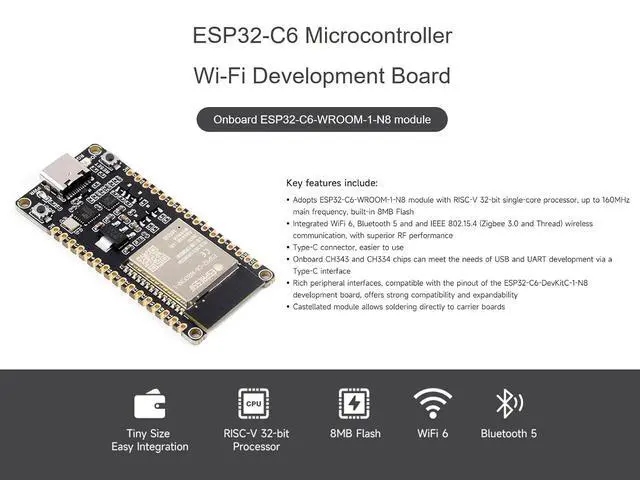 Alt view image 2 of 6 - ESP32-C6 RISC-V Microcontroller Development Board Integrated WiFi 6, Bluetooth 5 and IEEE 802.15.4 (Zigbee 3.0&Thread), Adopts ESP32-C6-WROOM-1-N8 Module, Support USB and UART Development