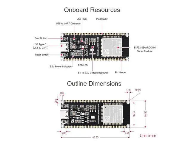 Alt view image 7 of 7 - ESP32-S3 Wi-Fi Development Board with ESP32-S3-WROOM-1 Series Module, 240MHz Dual Core Processor, 512KB SRAM, 8MB PSRAM, 16MB Flash, Type-C Connector