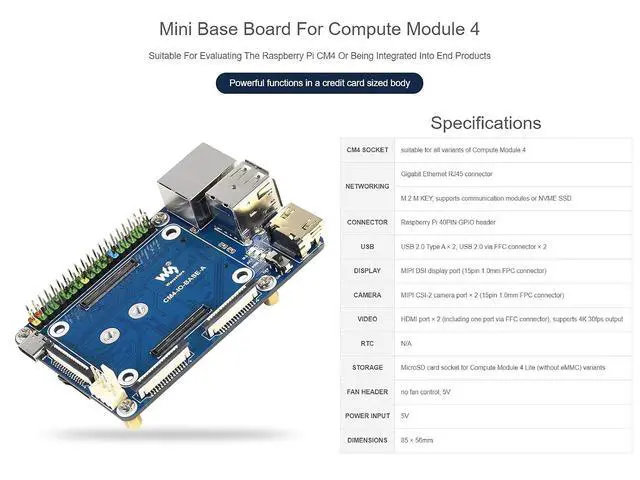 Alt view image 2 of 7 - Mini Base Board for Raspberry Pi Compute Module 4 Lite/EMMC Series Module, with Standard CM4 Socket and Color-Coded Raspberry Pi 40PIN GPIO Header, for Evaluating CM4 or Integrated into End Product