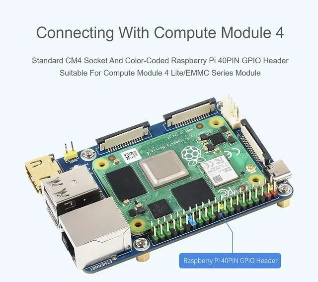 Alt view image 4 of 7 - Mini Base Board for Raspberry Pi Compute Module 4, with Standard CM4 Socket and Raspberry Pi 40 PIN GPIO Header, Onboard Multiple Connectors, Suitable For Compute Module 4 Lite/EMMC Series Module