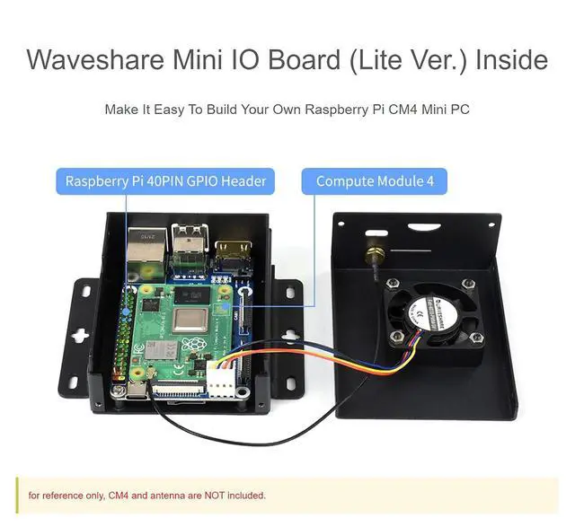 Alt view image 3 of 7 - Mini-Computer Based on Raspberry Pi Compute Module 4 (NOT Included), CM4-IO-BASE-A (Lite Ver.) Inside, Metal Case, with Cooling Fan, Onboard Connectors Including CSI/DSI/HDMI/USB/RJ45 etc.