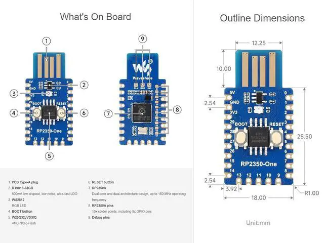 Alt view image 7 of 7 - RP2350-One 4MB Flash MCU Board Based on Raspberry Pi RP2350A Dual-core & Dual-Architecture Microcontroller Chip, Pico-Like MCU Board onboard PCB Type-A Plug, Support C/C++, MicroPython