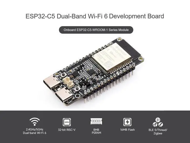 Alt view image 2 of 7 - ESP32-C5 5GHz/2.4GHz Dual-Band Wi-Fi 6 Dev Board, Based on ESP32-C5-WROOM-1 Module, 240MHz RISC-V Processor, Integrates BLE 5/Zigbee/Thread Protocols, 16MB Flash, 8MB PSRAM (with Pinheader)