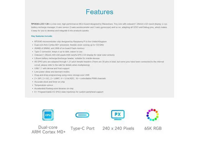 Alt view image 3 of 7 - RP2040 MCU Board with 1.28inch Round LCD 240×240 Pixels Colorful IPS Display, Based on Raspberry Pi RP2040, Dual-core Arm Processor, Onboard 6-axis IMU Sensor, USB-C Connector etc.