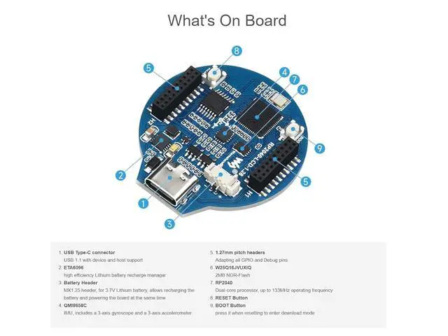 Alt view image 7 of 7 - RP2040 MCU Board with 1.28inch Round LCD 240×240 Pixels Colorful IPS Display, Based on Raspberry Pi RP2040, Dual-core Arm Processor, Onboard 6-axis IMU Sensor, USB-C Connector etc.