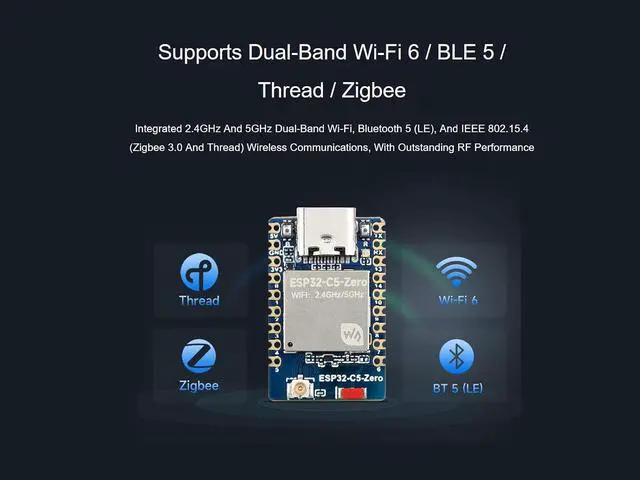 Alt view image 4 of 7 - ESP32-C5 Mini Development Board Equipped with Multi-Protocol 32-bit RISC-V MCU, Supports 5GHz and 2.4GHz Dual-Band Wi-Fi 6, Bluetooth 5 (LE), and IEEE 802.15.4 (Zigbee 3.0 and Thread)