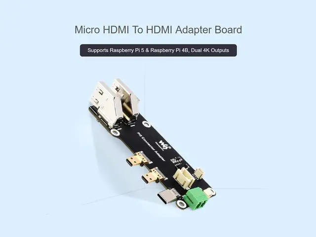 Alt view image 2 of 7 - Micro HDMI to HDMI Adapter Board for Raspberry Pi 5 / 4B, Converts Micro HDMI to HDMI Female Ports, Supports Dual 4K Outputs, Two Power Supply Methods