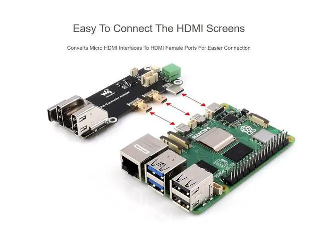 Alt view image 3 of 7 - Micro HDMI to HDMI Adapter Board for Raspberry Pi 5 / 4B, Converts Micro HDMI to HDMI Female Ports, Supports Dual 4K Outputs, Two Power Supply Methods