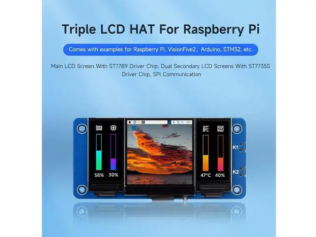 Alt view image 2 of 7 - Triple LCD HAT for Raspberry Pi Zero/Zero W/Zero WH/2B/3B/3B+/4B, Onboard 1.3inch IPS LCD Main Screen, Dual 0.96inch IPS LCD Secondary Screens, 2X User-Defined Keys, SPI Communication