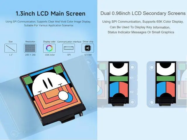 Alt view image 3 of 7 - Triple LCD HAT for Raspberry Pi Zero/Zero W/Zero WH/2B/3B/3B+/4B, Onboard 1.3inch IPS LCD Main Screen, Dual 0.96inch IPS LCD Secondary Screens, 2X User-Defined Keys, SPI Communication