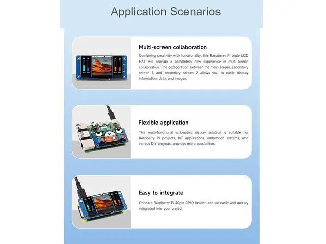Alt view image 5 of 7 - Triple LCD HAT for Raspberry Pi Zero/Zero W/Zero WH/2B/3B/3B+/4B, Onboard 1.3inch IPS LCD Main Screen, Dual 0.96inch IPS LCD Secondary Screens, 2X User-Defined Keys, SPI Communication