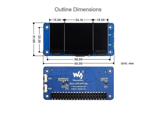 Alt view image 6 of 7 - Triple LCD HAT for Raspberry Pi Zero/Zero W/Zero WH/2B/3B/3B+/4B, Onboard 1.3inch IPS LCD Main Screen, Dual 0.96inch IPS LCD Secondary Screens, 2X User-Defined Keys, SPI Communication