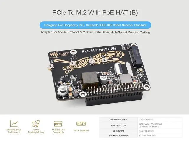 Alt view image 2 of 7 - POE M.2 HAT+ (B) for Raspberry Pi 5, PCIe to M.2, Power Over Ethernet, NVMe SSD Support, IEEE 802.3af/at