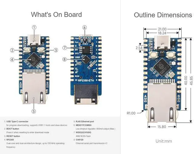 Alt view image 7 of 7 - RP2350 ETH Dev Board: RP2350 Ethernet Port Module, Onboard ETH, 14 Multi-function GPIO Pins, Tiny Size, Easy Integration, Linux Compatible, Ethernet Connectivity