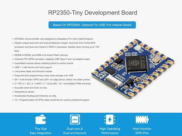 Alt view image 2 of 7 - RP2350-Tiny Microcontroller Development Board Kit, Based on Raspberry Pi RP2350 Dual-core & Dual-Architecture Chip, Come with USB Port Adapter + FPC Cable