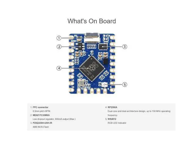 Alt view image 5 of 7 - RP2350-Tiny Microcontroller Development Board Kit, Based on Raspberry Pi RP2350 Dual-core & Dual-Architecture Chip, Come with USB Port Adapter + FPC Cable